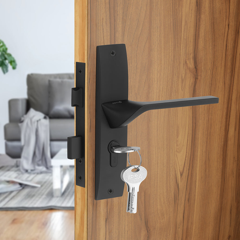 IPSA Camel Moderna Handle Series on 8" Plate CYS Lockset with 60mm One Side Key and Knob - Finish Black